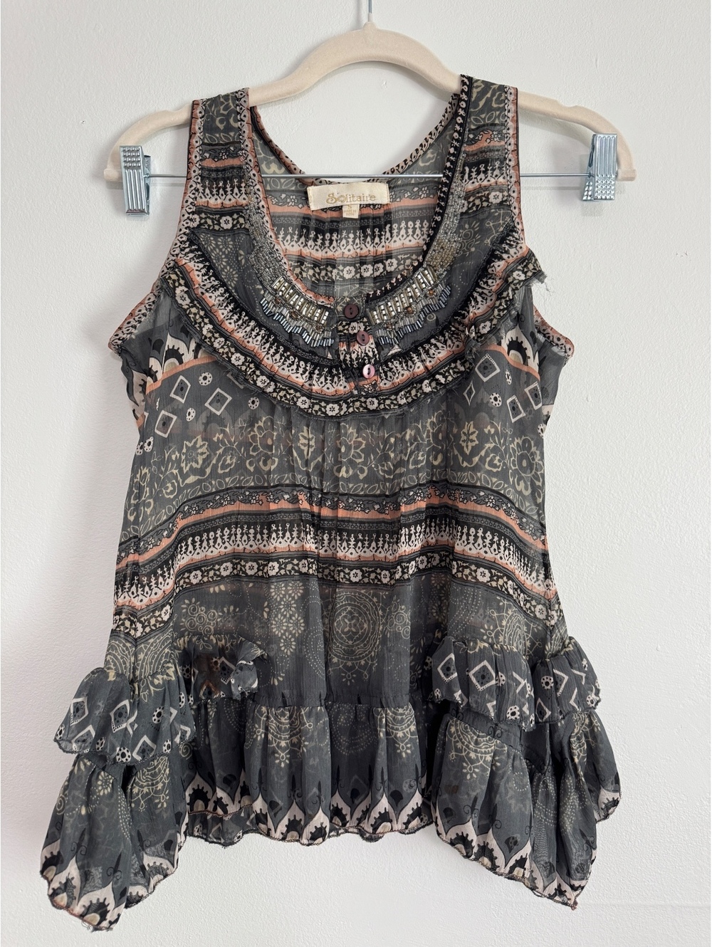 Solitaire Beaded Boho Festival Tank Top Fairy Grunge Ruffle Hem Size M - Picture 2 of 9